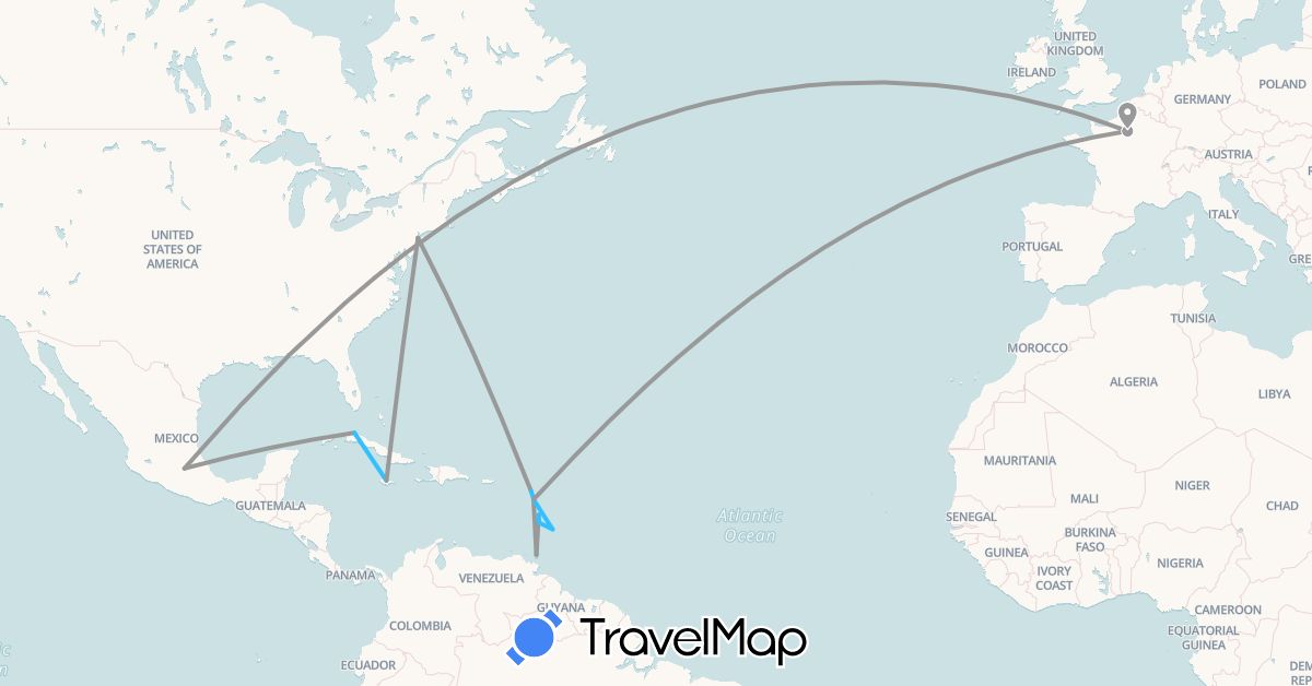TravelMap itinerary: plane, boat in Antigua and Barbuda, Barbados, Cuba, France, Jamaica, Saint Lucia, Mexico, Trinidad and Tobago, United States (Europe, North America)